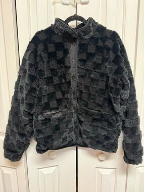 Black Checkered Teddy Jacket - Plush Women's Coat